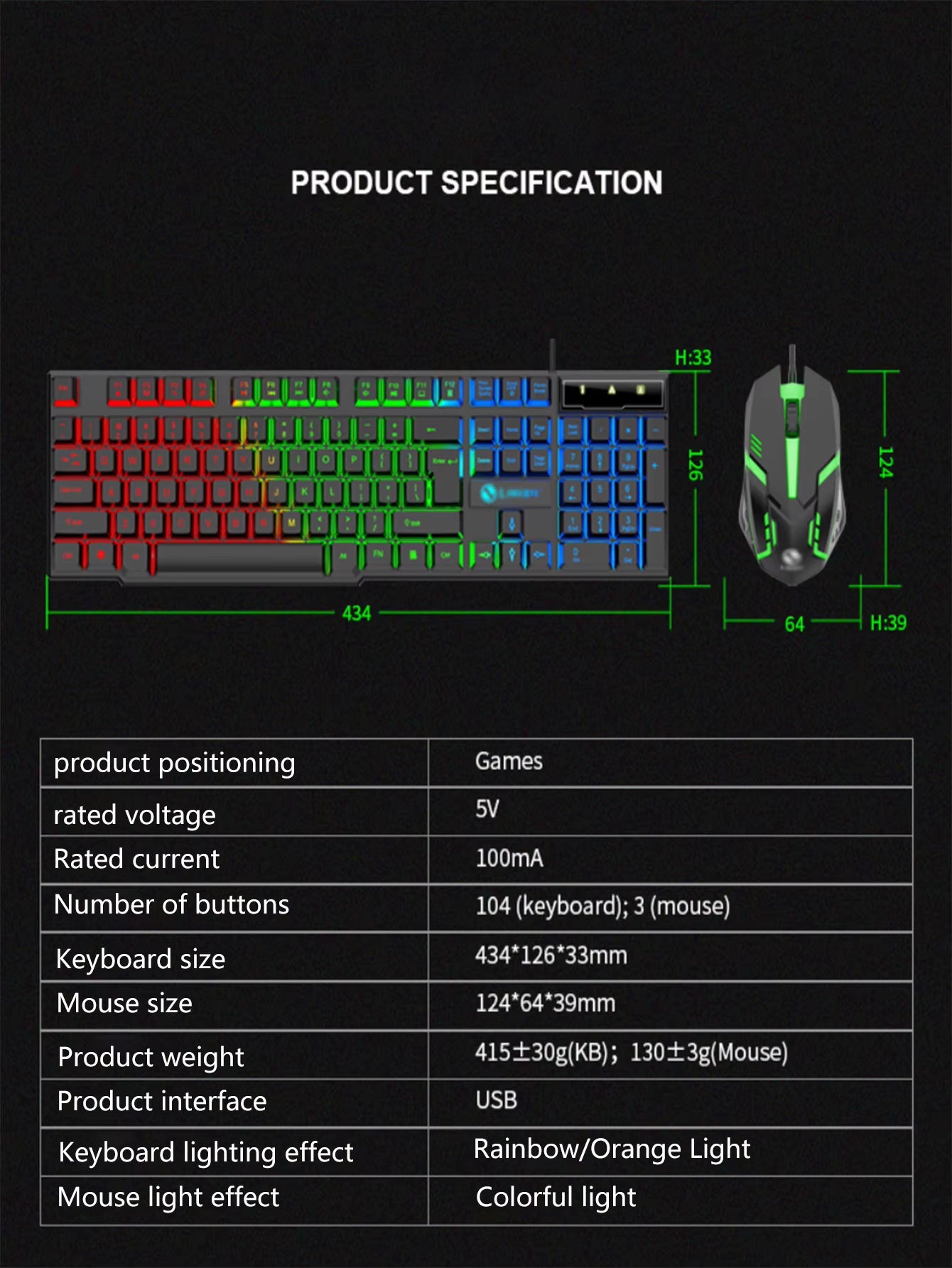 Cool Light Wired Keyboard and Mouse Set, Mechanical Feel, Floating High Key Cap, Rebound Comfort, Game Mouse Set