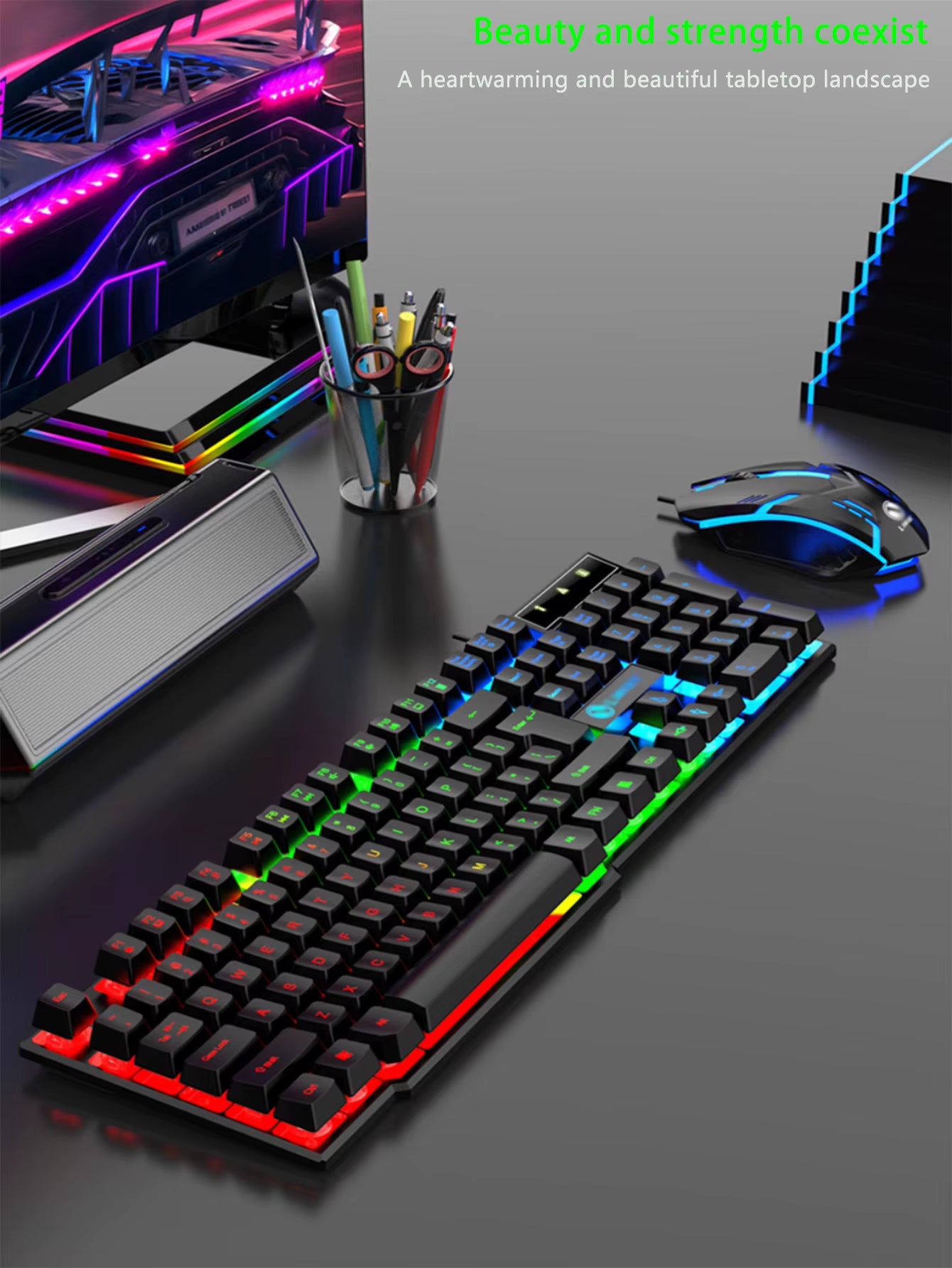 Cool Light Wired Keyboard and Mouse Set, Mechanical Feel, Floating High Key Cap, Rebound Comfort, Game Mouse Set
